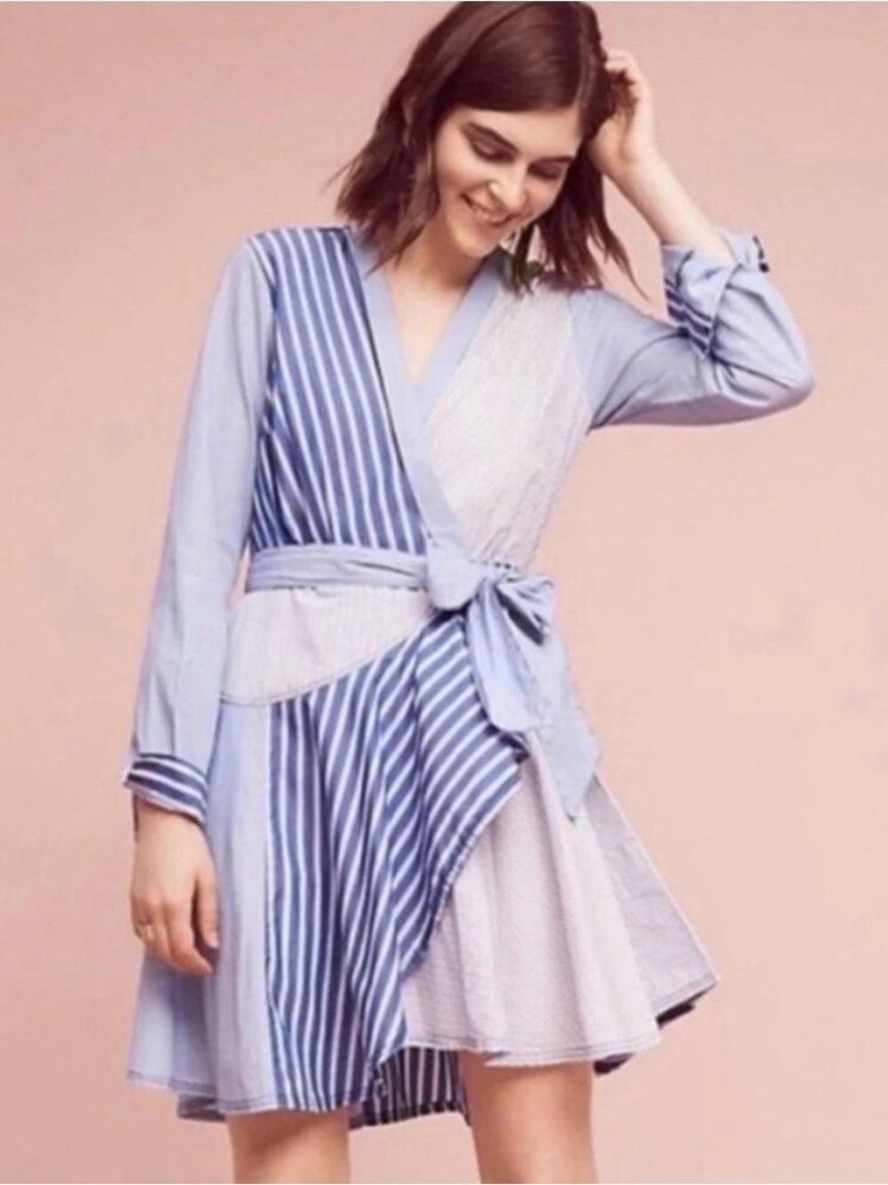 Maeve Blue and White Striped Long Sleeve Wrap Dress
